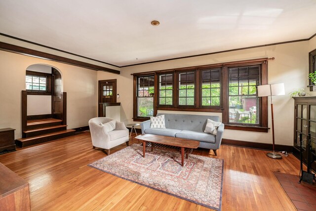 431 Glen Echo Cir, Columbus, OH 43202 - living area featuring arched walkways, wood finished floors, baseboards, and crown molding