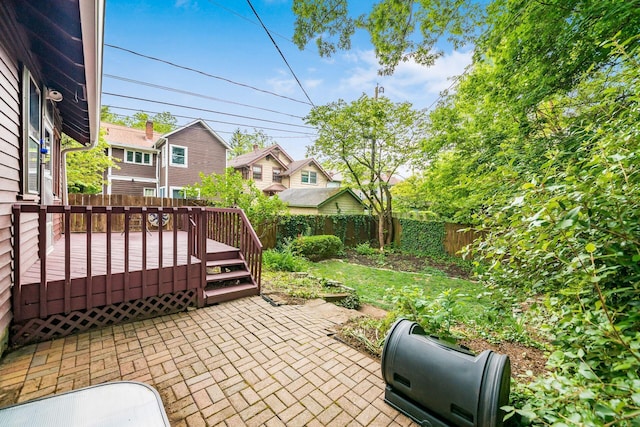 431 Glen Echo Cir, Columbus, OH 43202 - fenced backyard with a patio area, a deck, and a residential view