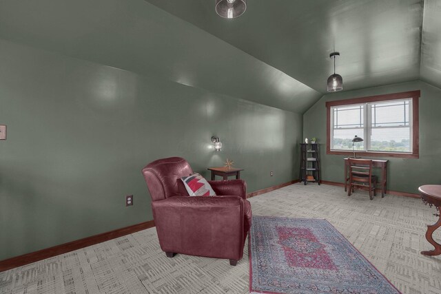 14980 Robins Rd, Johnstown, OH 43031 - living area featuring lofted ceiling, baseboards, and carpet flooring
