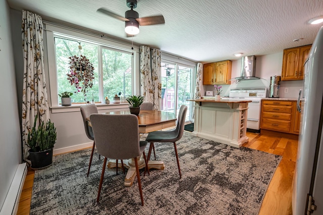 2719 Sulphur Lick Rd, Chillicothe, OH 45601 - dining room with a baseboard radiator, a ceiling fan, light wood-type flooring, a textured ceiling, and baseboards