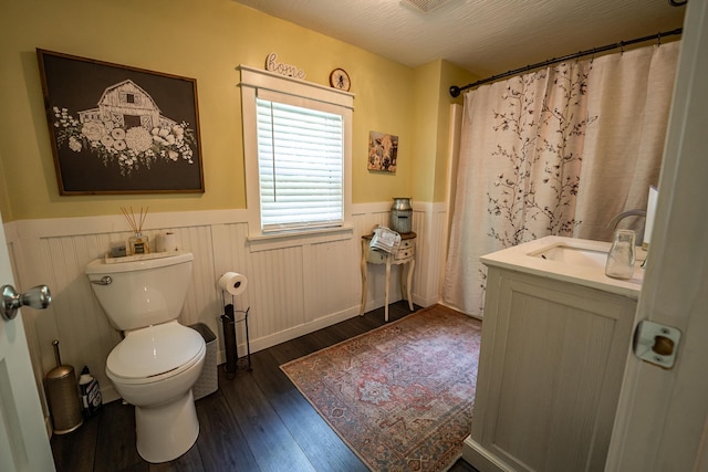 2719 Sulphur Lick Rd, Chillicothe, OH 45601 - bathroom with a wainscoted wall, toilet, vanity, wood finished floors, and a shower with shower curtain