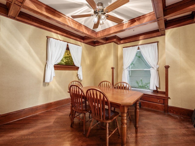 251 Summit St, Marion, OH 43302 - dining room with coffered ceiling, dark wood-style floors, beam ceiling, a ceiling fan, and baseboards