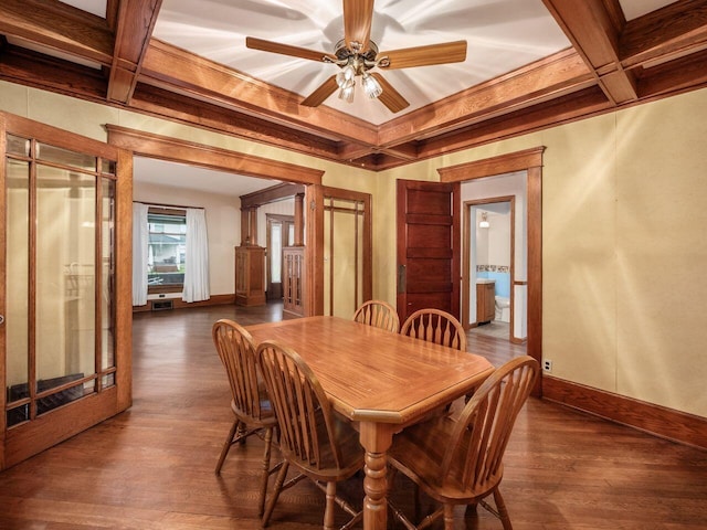 251 Summit St, Marion, OH 43302 - dining room featuring coffered ceiling, baseboards, dark wood-type flooring, a ceiling fan, and beamed ceiling