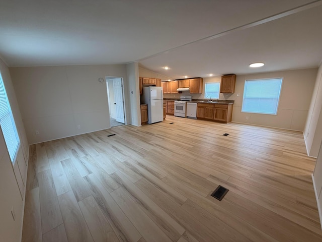 45 Winter Pine Dr, Delaware, OH 43015 - unfurnished living room featuring a sink, light wood-style floors, and lofted ceiling