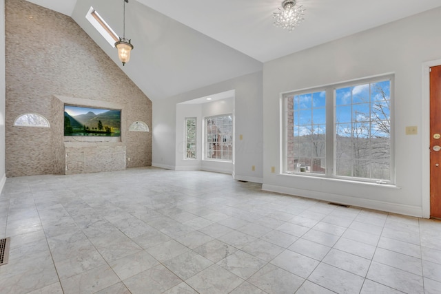 40455 Cone Rd, Albany, OH 45710 - unfurnished living room featuring a chandelier and high vaulted ceiling