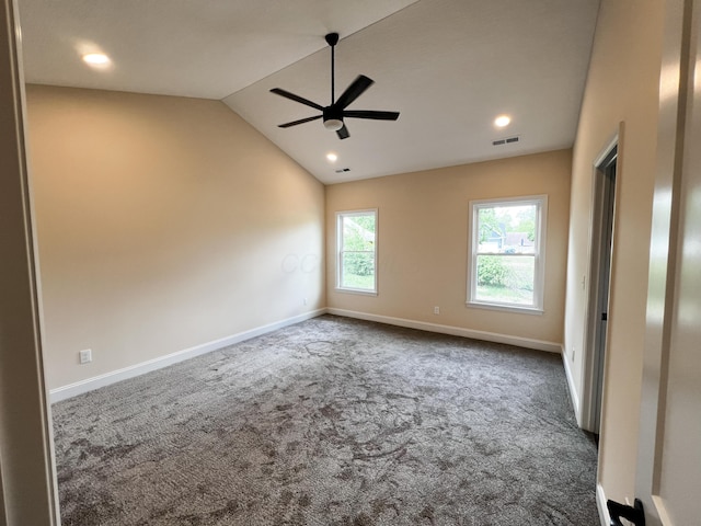 13541 Queen Rd NE, Thornville, OH 43076 - spare room featuring ceiling fan, carpet, baseboards, vaulted ceiling, and recessed lighting