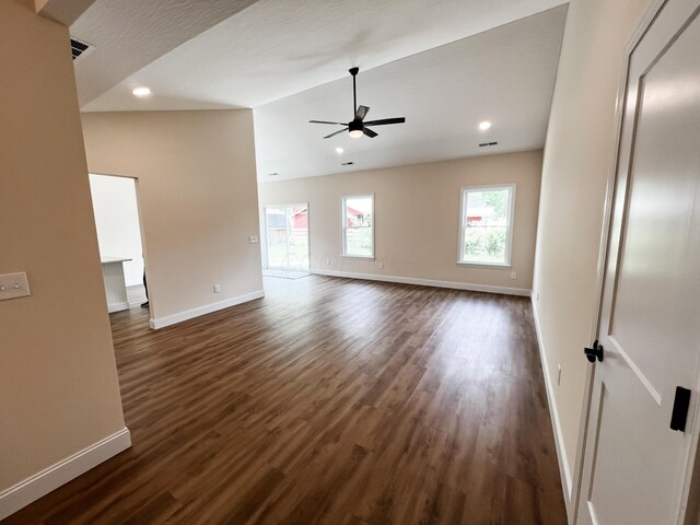 13541 Queen Rd NE, Thornville, OH 43076 - unfurnished living room with ceiling fan, baseboards, dark wood-style flooring, recessed lighting, and vaulted ceiling