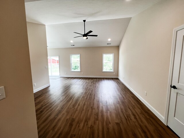 13541 Queen Rd NE, Thornville, OH 43076 - empty room with a ceiling fan, dark wood-style flooring, baseboards, vaulted ceiling, and recessed lighting