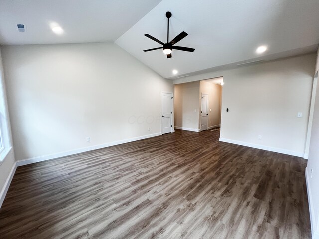 13541 Queen Rd NE, Thornville, OH 43076 - empty room featuring a ceiling fan, lofted ceiling, dark wood-style flooring, baseboards, and recessed lighting