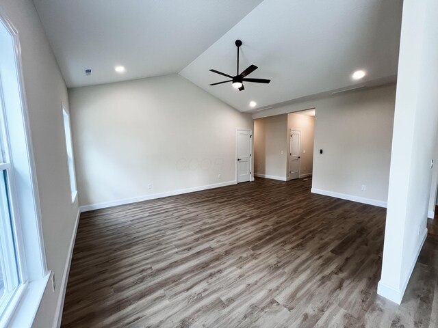 13541 Queen Rd NE, Thornville, OH 43076 - empty room with a ceiling fan, dark wood-style floors, lofted ceiling, baseboards, and recessed lighting