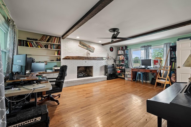 4736 Roberts Rd, Caledonia, OH 43314 - office space with a ceiling fan, a fireplace, hardwood / wood-style flooring, beamed ceiling, and recessed lighting