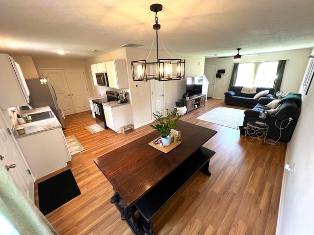 324 Genoa Rd, Commercial Point, OH 43116 - living area with light wood finished floors, a chandelier, ceiling fan, and a textured ceiling