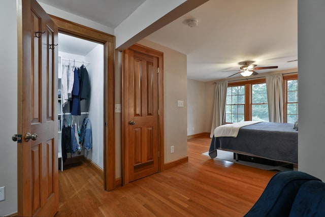 72 Glenmont Ave, Columbus, OH 43214 - bedroom with light wood-type flooring, baseboards, a closet, a walk in closet, and ceiling fan