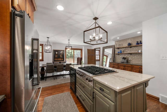 2656 Fair Ave, Columbus, OH 43209 - kitchen featuring stainless steel appliances, dark wood finished floors, a chandelier, beverage cooler, and open shelves