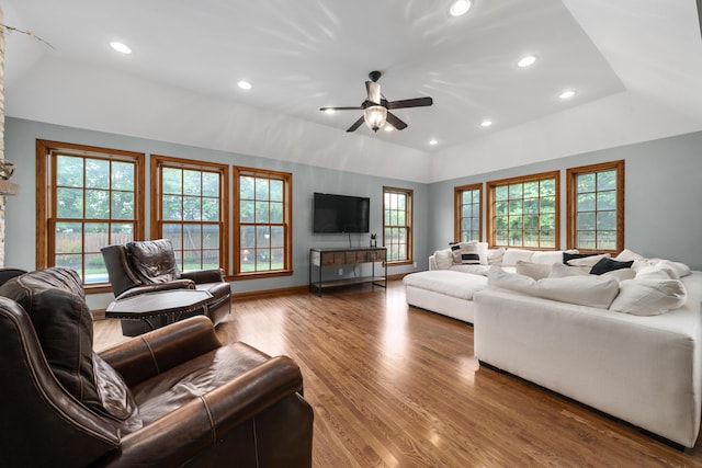 2656 Fair Ave, Columbus, OH 43209 - living room with lofted ceiling, ceiling fan, wood finished floors, recessed lighting, and baseboards