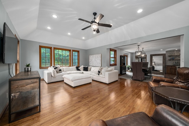 2656 Fair Ave, Columbus, OH 43209 - living area featuring wood finished floors, a raised ceiling, a ceiling fan, a chandelier, and recessed lighting