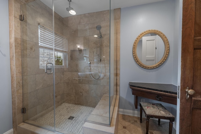2656 Fair Ave, Columbus, OH 43209 - bathroom featuring baseboards, a stall shower, and tile patterned floors