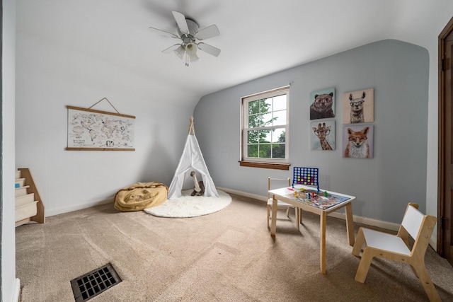 2656 Fair Ave, Columbus, OH 43209 - playroom with vaulted ceiling, a ceiling fan, baseboards, and carpet floors