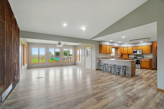 2580 Lafayette Plain City Rd, London, OH 43140 - kitchen with appliances with stainless steel finishes, light wood-type flooring, open floor plan, a peninsula, and a ceiling fan