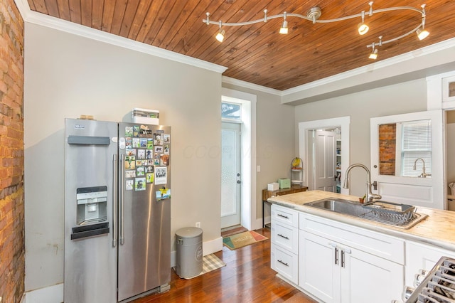 141 E 5th Ave, Lancaster, OH 43130 - kitchen with high end fridge, a sink, ornamental molding, dark wood-style floors, and wooden ceiling