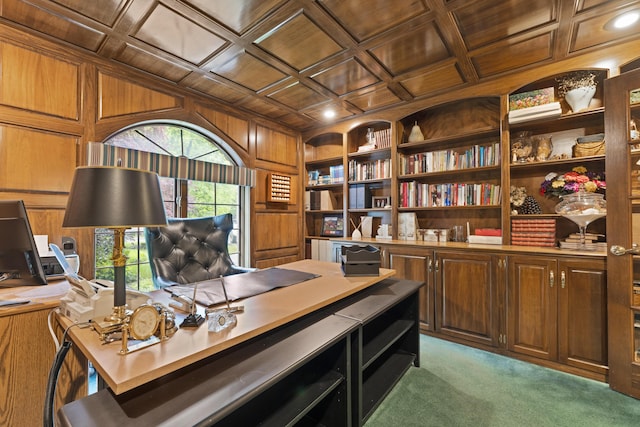 8039 Crossgate Ct S, Dublin, OH 43017 - office with dark carpet, wood ceiling, wood walls, and built in features