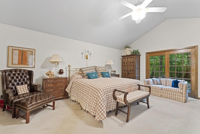 8039 Crossgate Ct S, Dublin, OH 43017 - bedroom with light colored carpet, lofted ceiling, a ceiling fan, and access to exterior