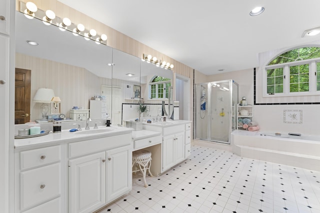8039 Crossgate Ct S, Dublin, OH 43017 - bathroom with a stall shower, vanity, a bath, wallpapered walls, and recessed lighting