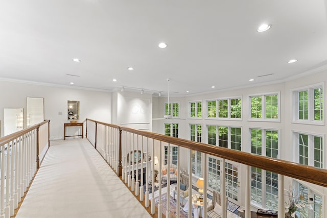 8039 Crossgate Ct S, Dublin, OH 43017 - hallway featuring ornamental molding, recessed lighting, and baseboards