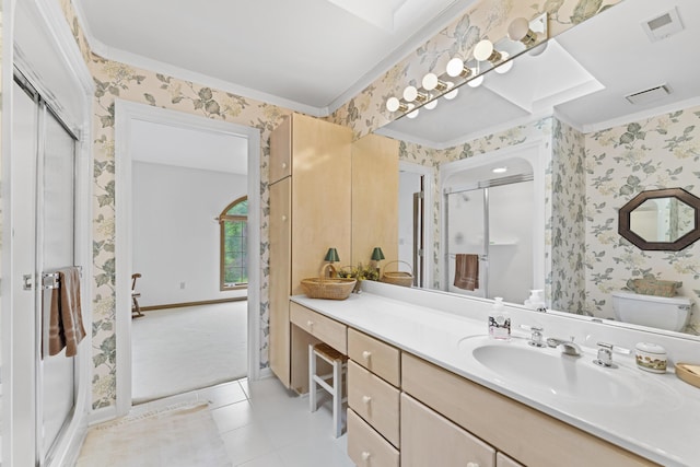 8039 Crossgate Ct S, Dublin, OH 43017 - bathroom featuring wallpapered walls, vanity, toilet, a shower stall, and ornamental molding