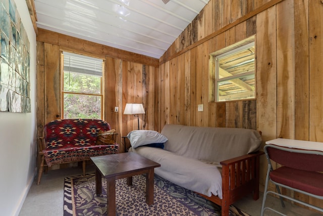 15216 Grove Rd SW Unit Tp142, Port Washington, OH 43837 - sitting room featuring lofted ceiling, wood walls, and carpet flooring