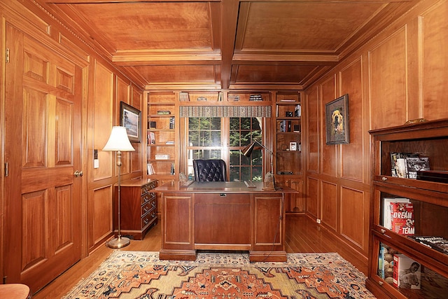 5714 Zetland Ct, Dublin, OH 43017 - home office with wood ceiling with exposed beams, built in features, wooden walls, light wood-style flooring, and ornamental molding