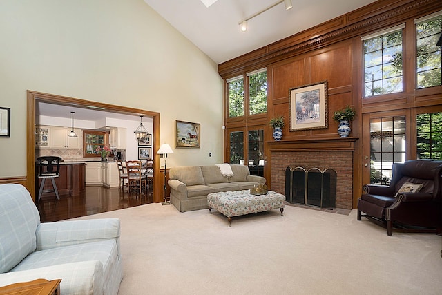 5714 Zetland Ct, Dublin, OH 43017 - living area with a towering ceiling, a brick fireplace, rail lighting, and dark carpet