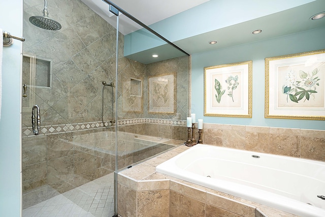 5714 Zetland Ct, Dublin, OH 43017 - bathroom with a garden tub, a stall shower, and recessed lighting