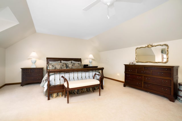 5714 Zetland Ct, Dublin, OH 43017 - bedroom with light colored carpet, vaulted ceiling, baseboards, and ceiling fan
