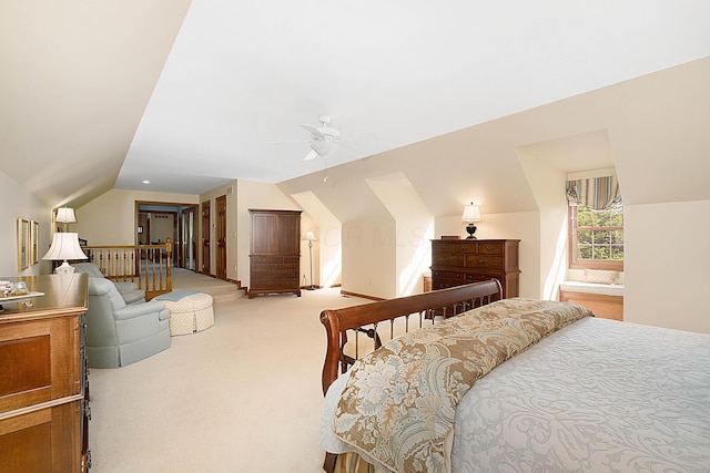 5714 Zetland Ct, Dublin, OH 43017 - bedroom featuring vaulted ceiling, light colored carpet, ceiling fan, and connected bathroom