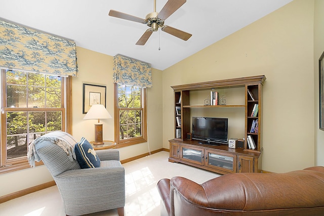 5714 Zetland Ct, Dublin, OH 43017 - living area with lofted ceiling, baseboards, and a ceiling fan