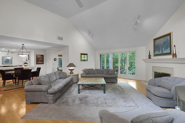 744 Old Oak Trce, Columbus, OH 43235 - living room featuring light wood-type flooring, high vaulted ceiling, track lighting, a glass covered fireplace, and ceiling fan