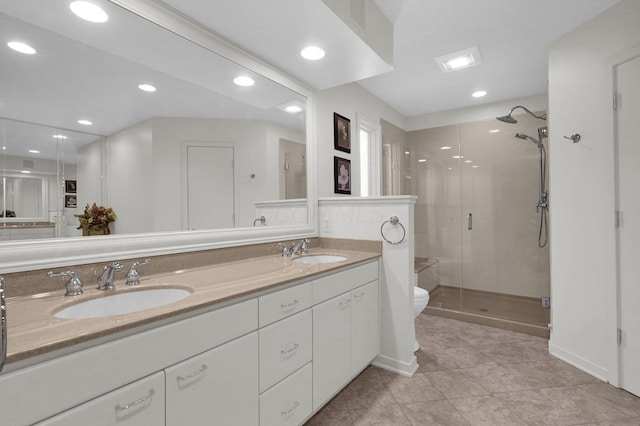 744 Old Oak Trce, Columbus, OH 43235 - full bath with a stall shower, tile patterned floors, double vanity, toilet, and recessed lighting