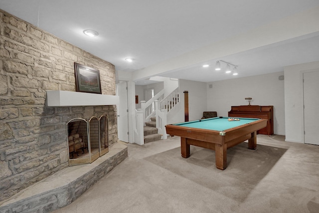 744 Old Oak Trce, Columbus, OH 43235 - rec room featuring carpet flooring, billiards table, and a fireplace