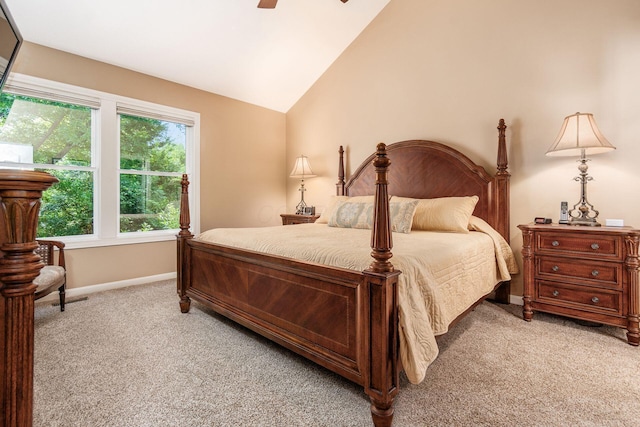 165 Tinley Park Cir, Delaware, OH 43015 - bedroom featuring light carpet, lofted ceiling, and ceiling fan