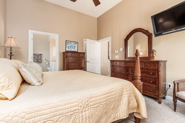 165 Tinley Park Cir, Delaware, OH 43015 - bedroom with light carpet, high vaulted ceiling, and ceiling fan