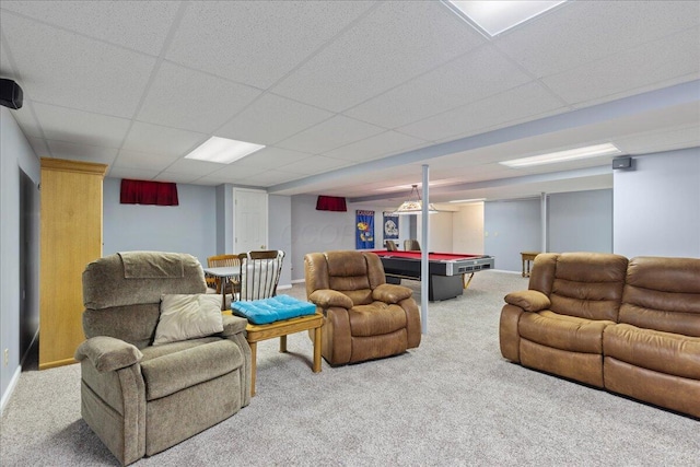 2880 Longridge Way, Grove City, OH 43123 - living area featuring carpet, a drop ceiling, billiards table, and baseboards