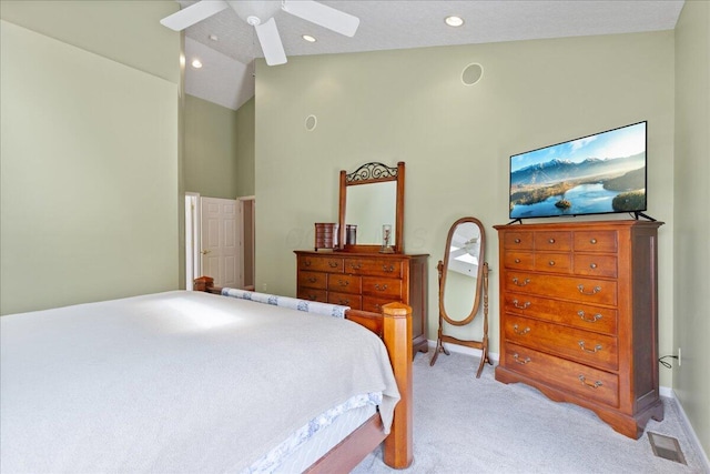 2880 Longridge Way, Grove City, OH 43123 - bedroom featuring light colored carpet, recessed lighting, ceiling fan, baseboards, and vaulted ceiling