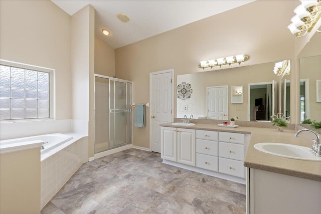 2880 Longridge Way, Grove City, OH 43123 - full bath featuring double vanity, a bath, a stall shower, plenty of natural light, and high vaulted ceiling