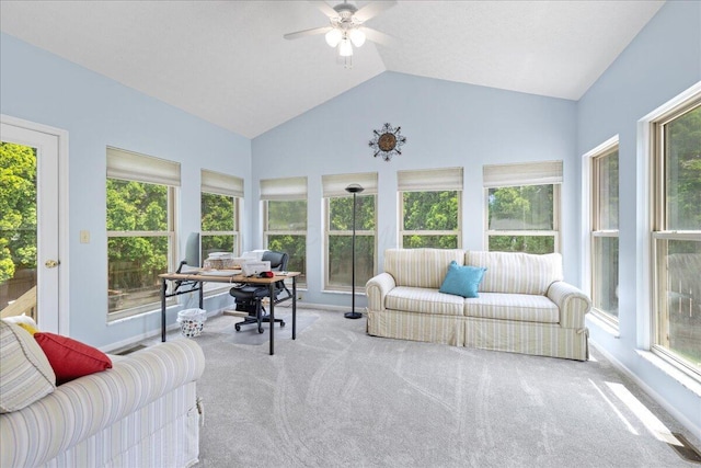 2880 Longridge Way, Grove City, OH 43123 - sunroom / solarium with carpet, ceiling fan, vaulted ceiling, and an outdoor living space