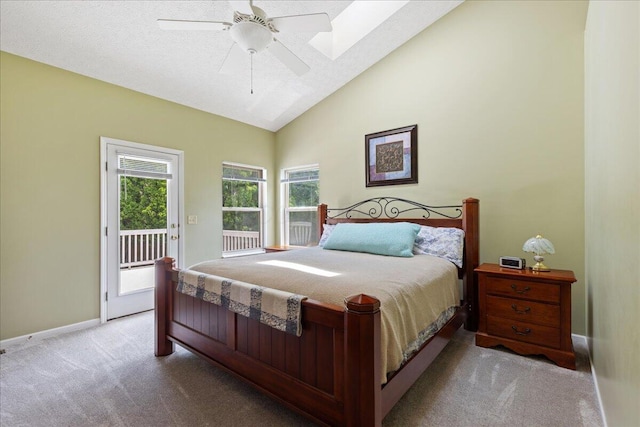 2880 Longridge Way, Grove City, OH 43123 - bedroom featuring carpet floors, access to exterior, high vaulted ceiling, baseboards, and ceiling fan
