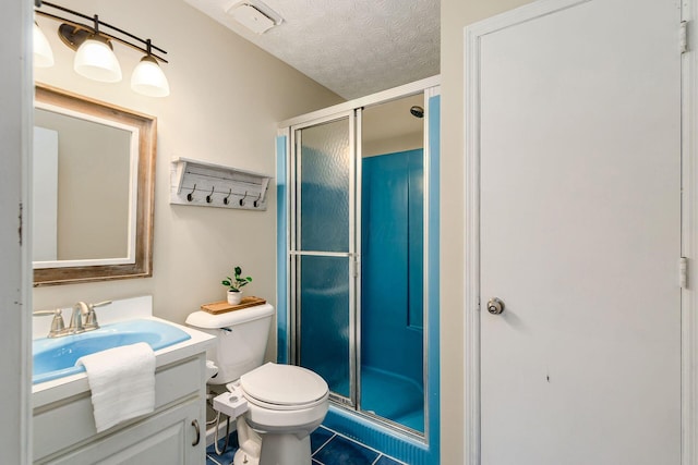 6392 Hilltop Ave, Reynoldsburg, OH 43068 - bathroom with vanity, a shower stall, toilet, tile patterned floors, and a textured ceiling