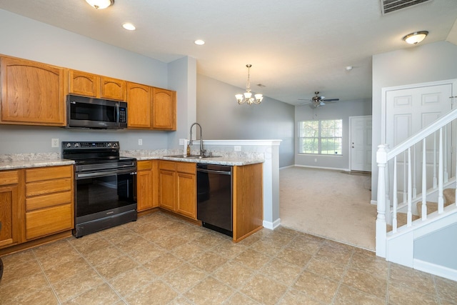 642 Grove Cir Unit 1902, Columbus, OH 43230 - kitchen featuring black appliances, a sink, light carpet, a peninsula, and brown cabinets