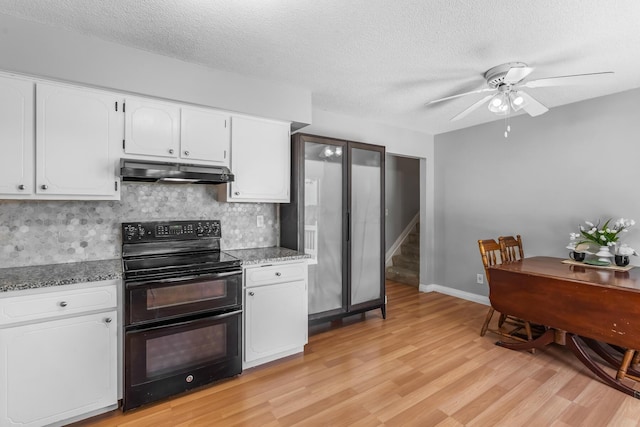 5690 Brinkley Ct, Columbus, OH 43235 - kitchen with under cabinet range hood, double oven range, a ceiling fan, light wood finished floors, and backsplash