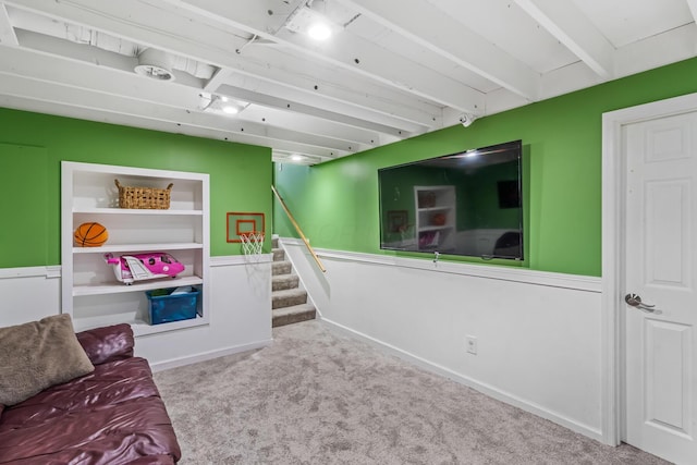 5690 Brinkley Ct, Columbus, OH 43235 - carpeted living area with stairs and beam ceiling